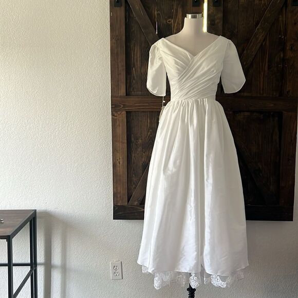 Classical A-Line V-Neck Short Sleeve Pleats Bohemain Lace Wedding  Dress - Picture 5 of 16